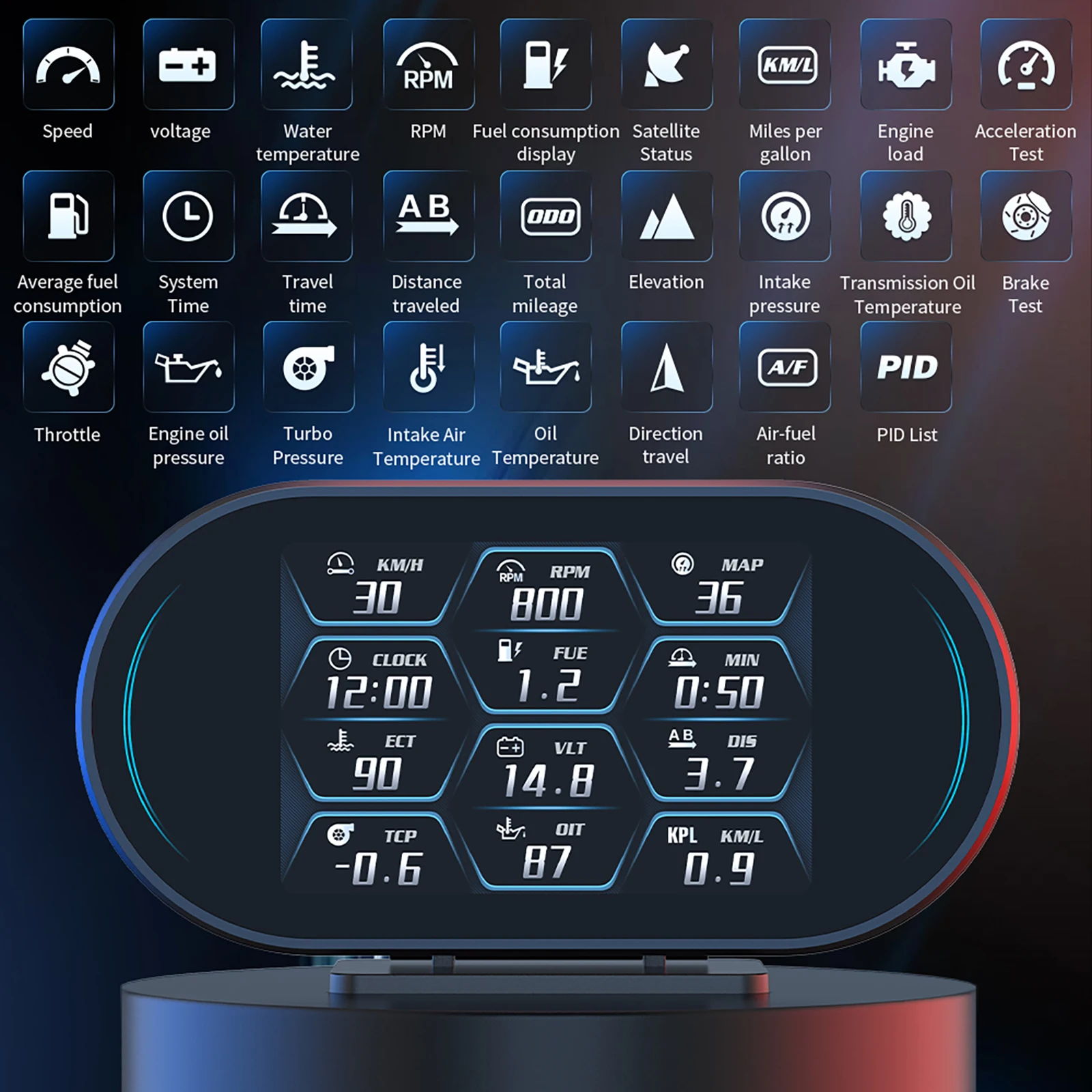 P27 HUD 온보드 컴퓨터 Obd2 디스플레이 자동차 타코미터 터보 오일 압력 GPS 속도 헤드업 디스플레이 디지털 다기능 계기판