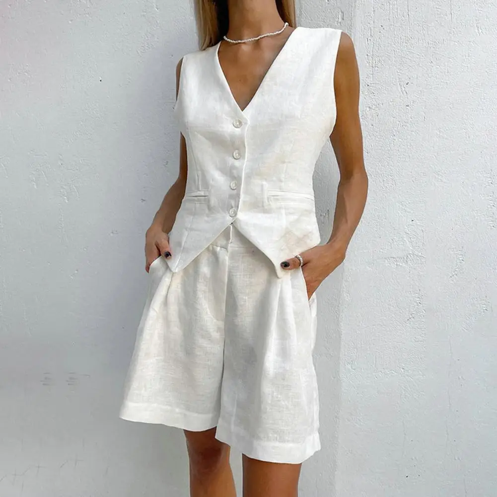 Women Vest Shorts Suit Summer V Neck Casual with Pocket Sleeveless Solid Color Ladies Waistcoat Top Shorts Kit Office Wear summer two piece set ladies fashion casual outfit suit women sleeveless tops frayed cotton linen vest wide leg pants mujer set