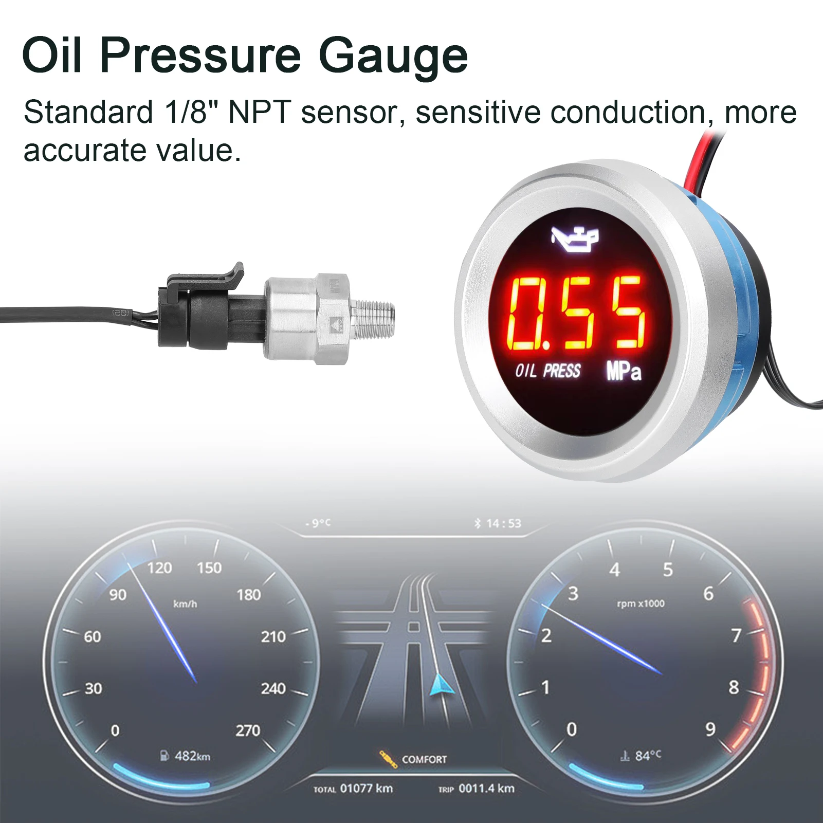 52mm Oil Pressure Gauge Car Digital Meter LED Display 935V with 1/8NPT