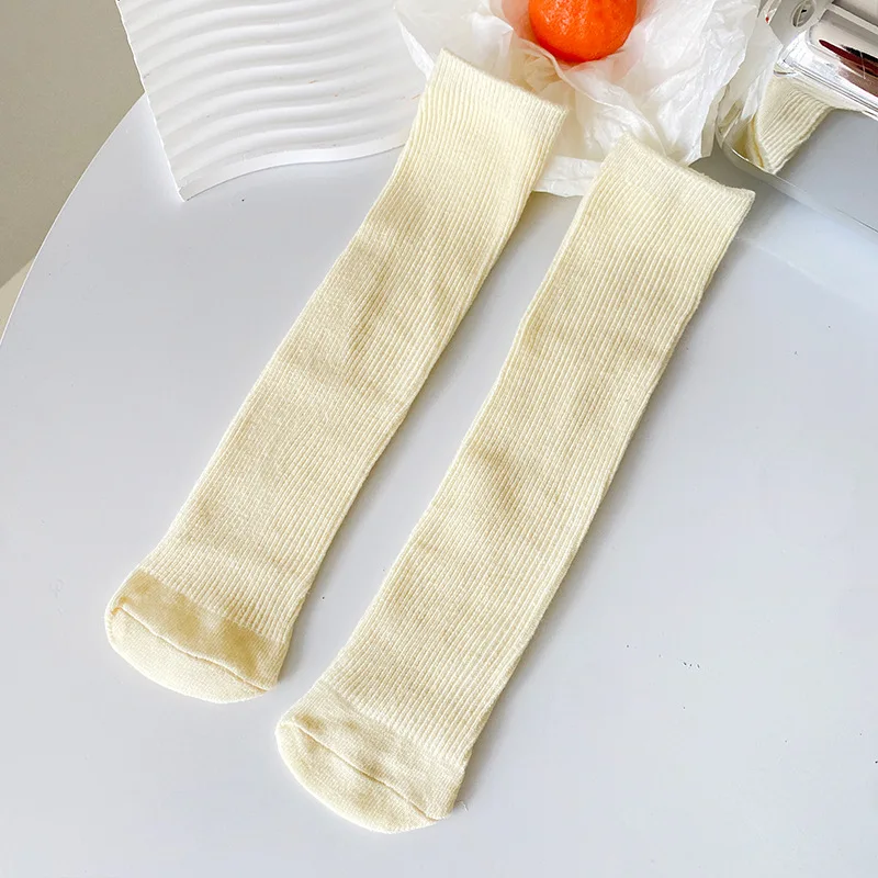 Kids Candy Color Knit Stockings Solid Color Stripe Breathable Cotton Knee High Socks for Girls Middle Tube Socks Free Size 30cm