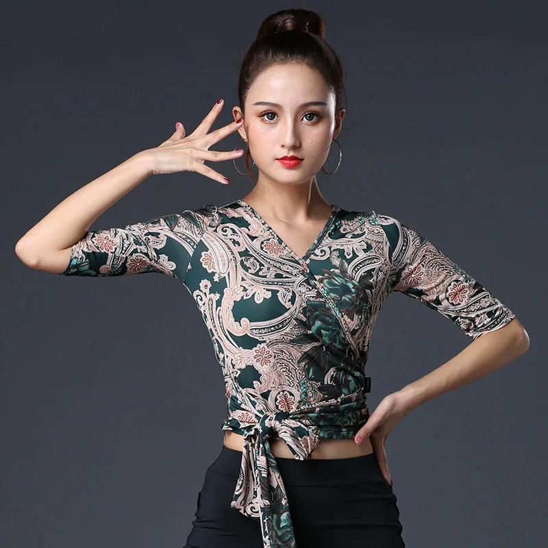 

2023 New Modern Dance Tops For Women Mid Sleeved Practice Clothes Chacha Rumba Tango Dress Latin Performance Costumes DQL8525