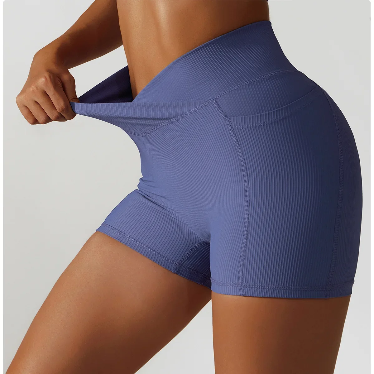 

Cross Waist Head Lift Hip Yoga Shorts Pocket Running Fitness Pants High Waist Tight Sports Shorts