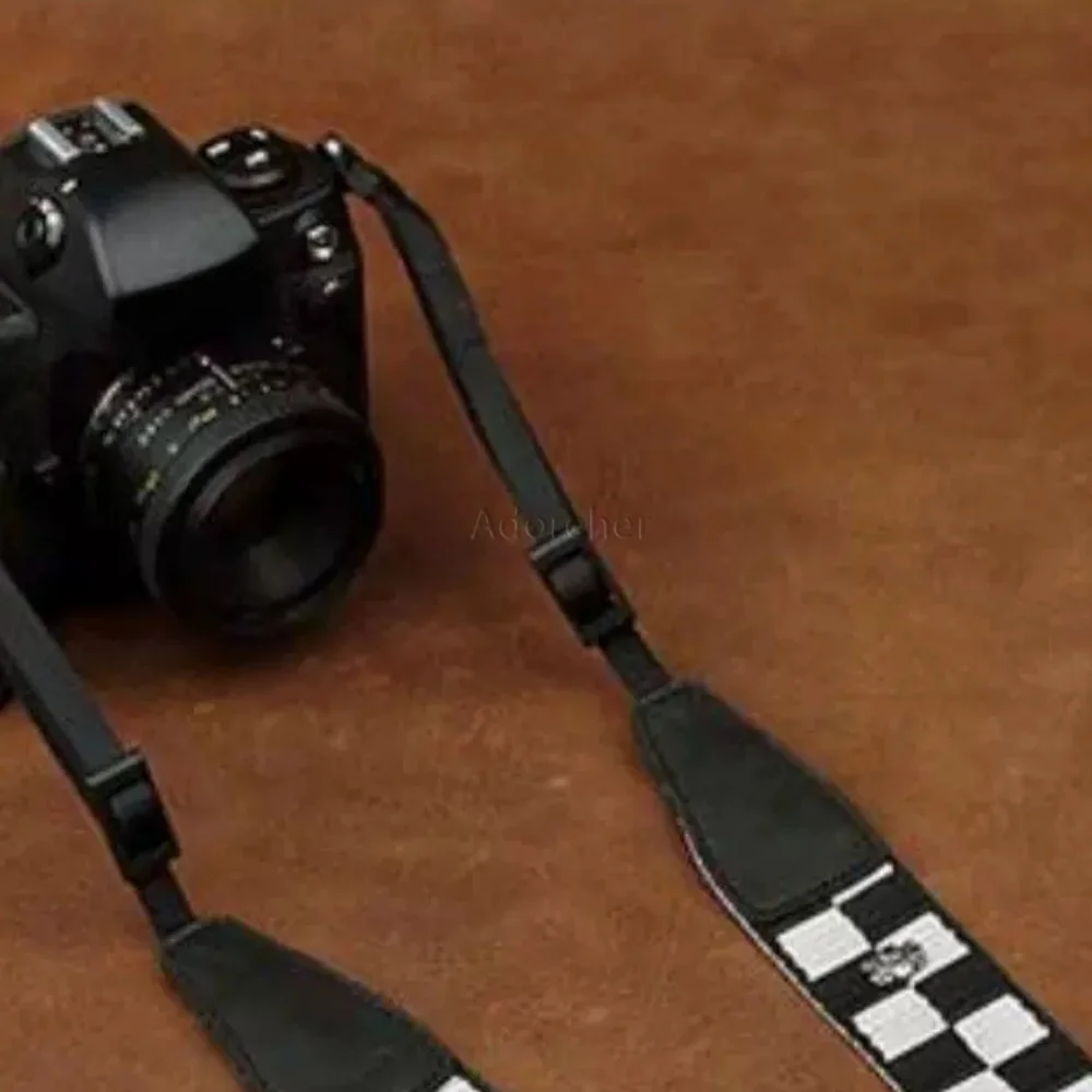 빈티지 흑백 체크무늬 카메라 스트랩, 조절 가능한 직조형 넥 벨트, DSLR/미러리스 카메라 호환