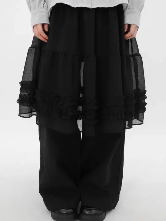 Chic Summer New Pure Color High-End Gauze Skirt f-length See-tough Bordered Musoom Lace Japanese Sle Casual Wear