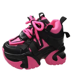 10cm Women Casual Leather Sneakers New 2023 Autumn Winter Lace up High Platform Shoes Thick Sole Sports Walking Dad Shoes Woman