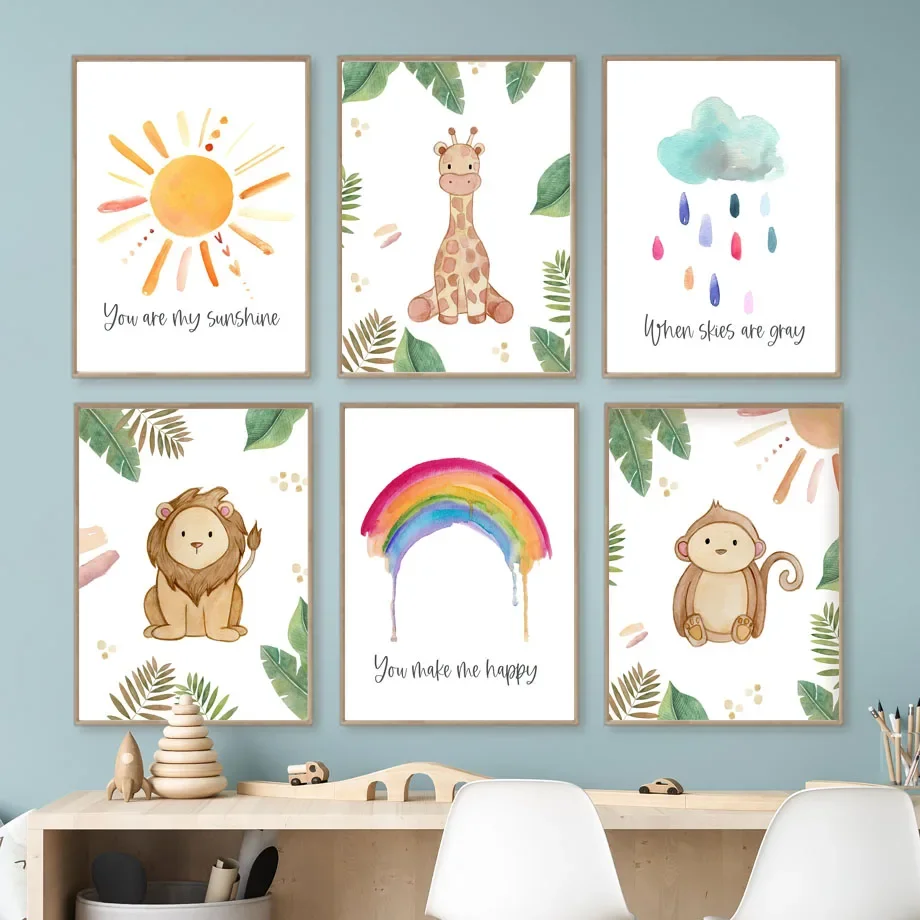 

Джунгли, обезьяна, жираф, слон, Лев, радуга, солнце, лист, настенная живопись на холсте, Постер и искусство детской комнаты в стиле бохо