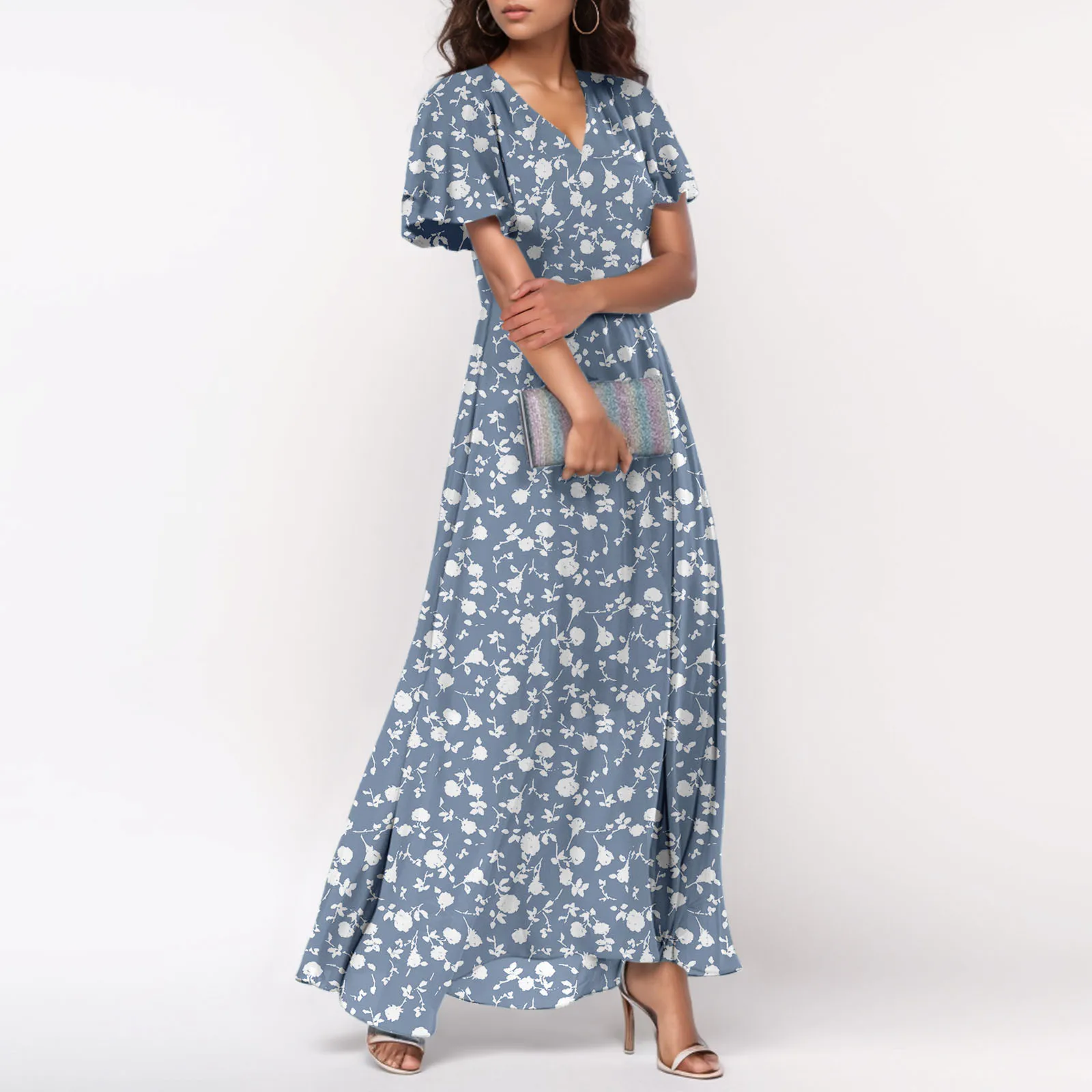Women Casual Short Sleeve Cute Floral Maxi Dress Evening 1