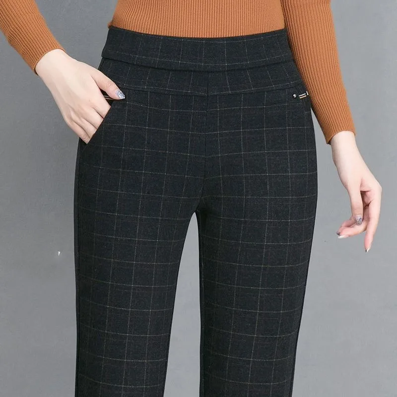 Women's Elastic Waist Stripe Plaid Thickened 2023 Autumn and Winter High Waist Button Pocket Rivet Straight Loose Relaxed Pants