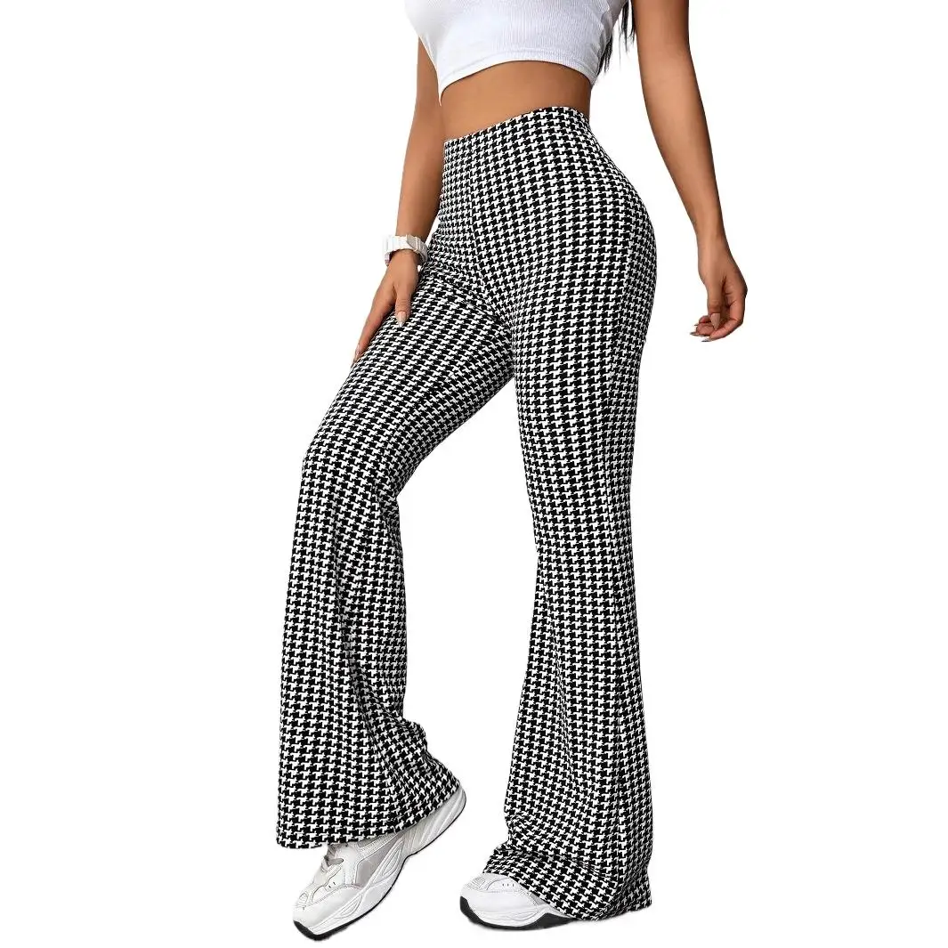 Women Black White Plaid Wide Leg Elastic Waist Vintage Flare Trousers