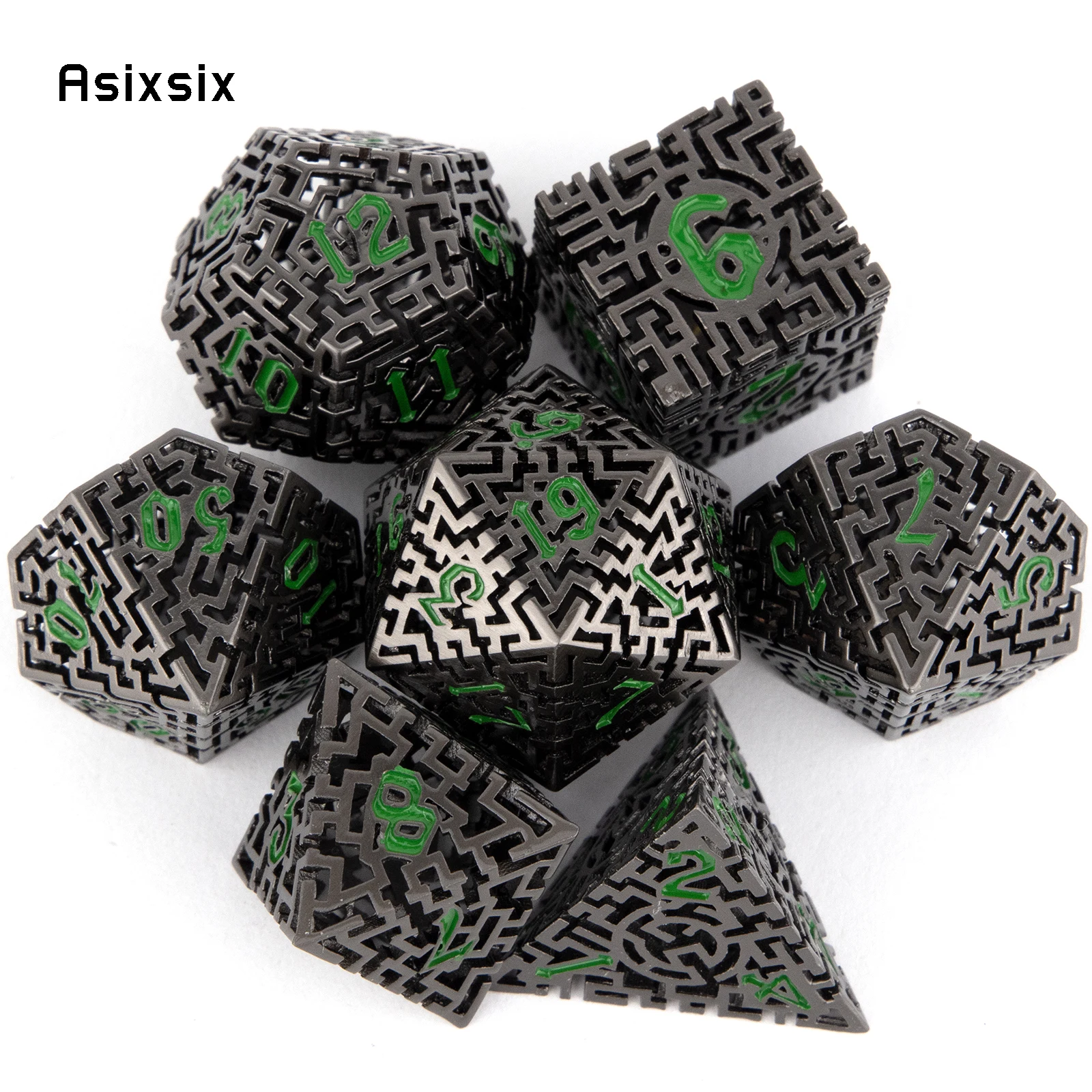 

7 Pcs Black Green Metal Dice Maze Hollow Metal Polyhedral Dice Set Suitable for Role-Playing RPG Board Game Card Game