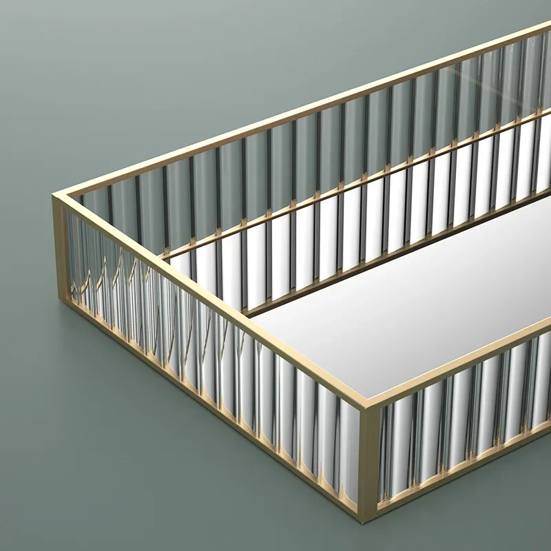 Makeup Storage Tray Glass Transparent Cosmetic Organizer Metal Perfume Lipstick Stand Rectangle Dresser Decoration Tray for Home 5
