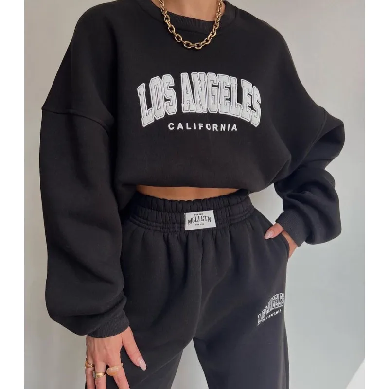 Women Print Tracksuit Autumn Sports Suit Solid Long Sleeve Pullover Pants Casual Loose Pants Sets Y2k Streetwear Harajuku O-neck