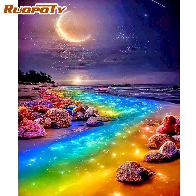 

RUOPOTY Diy Paint By Number For Adults Beginner Colorful Beach Landscape Acrylic Paint On Number For Home Wall Decor 40x50cm