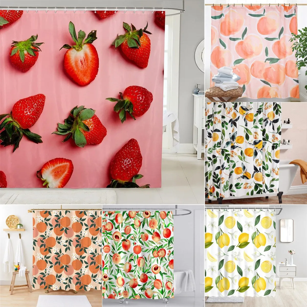 Fruit Showers Curtain Liner Peach Lemon Strawberry Orange Papaya Print Fabric Shower Curtains Cute Bright Colorful Design Hook