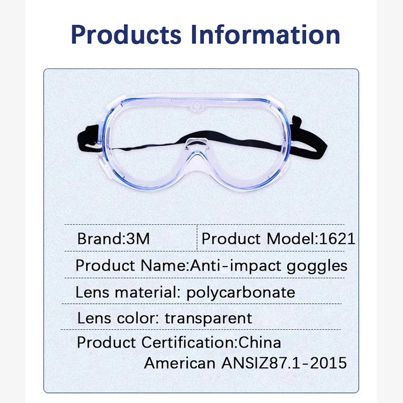 3M 1621 Safety Goggle Anti Splash Dust Proof Work Lab Eyewear Eye Protection Industrial Research Safety Glasses Clear Lens protective goggles protective glasses
