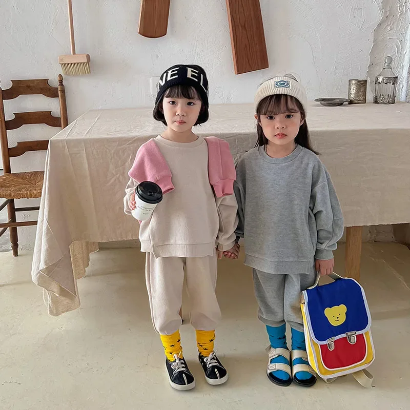 Autumn Kids Waffle Clothing Sets Solid Hoodies and Pants