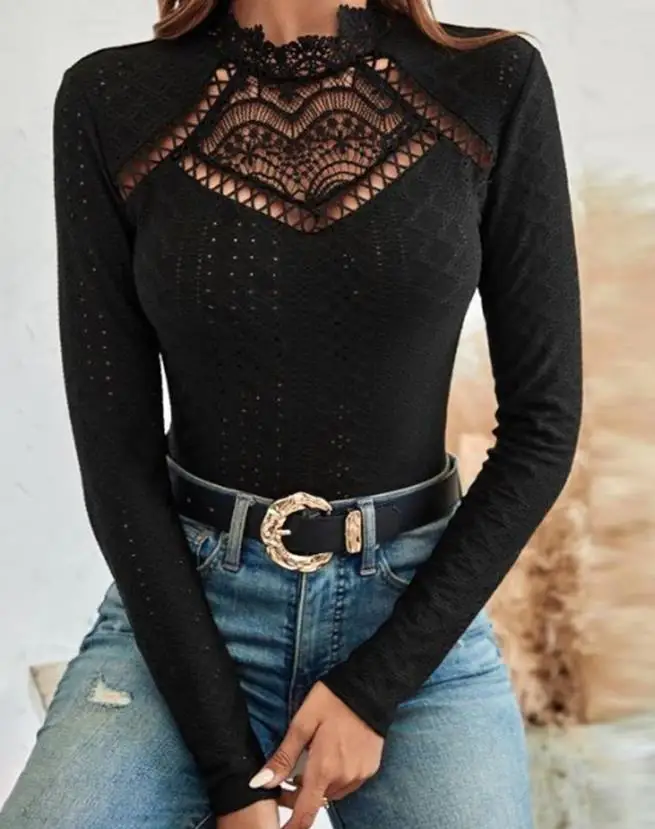 

Woman Sexy Skinny Crochet Lace Top Women's Eyelet Embroidery Casual Long Sleeve Fashion Hollow-Out Tee Female T-Shirt Hot Sale