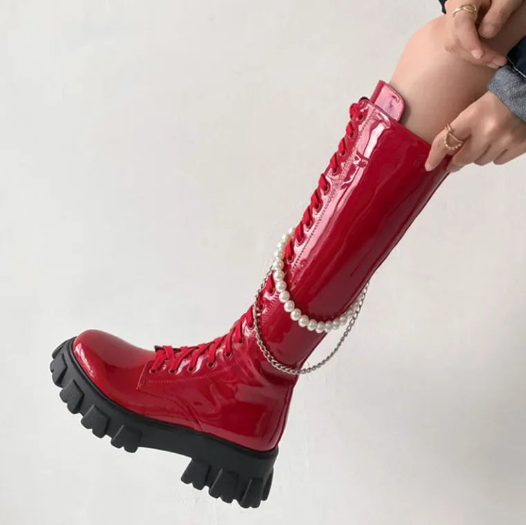 2022 New Motorcycle Boots Women Leather Shoes Pearl Chain Fashionable Comfortable Cool Casual Shoes Women Knee-high Boots