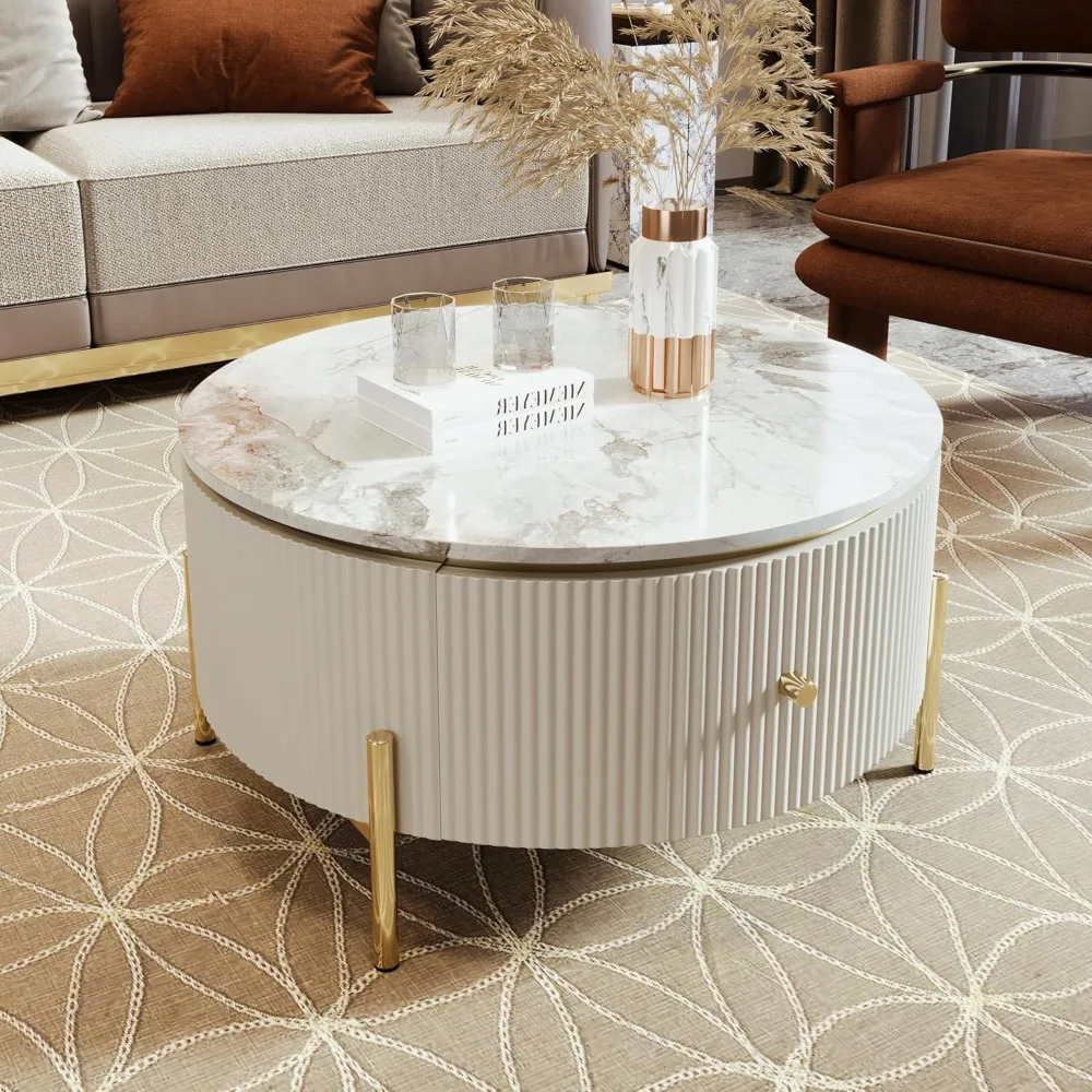 Round Coffee Table, Modern White Round Coffee Table with Storage Drawers, Accent Table Coffee Tables for Living Room, Bedroom 2