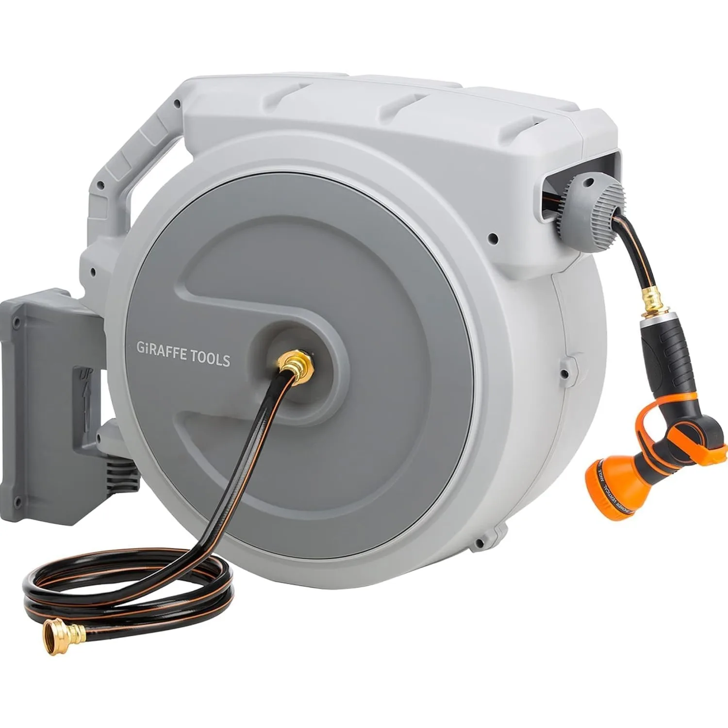 

5/8'' Garden Hose Reel 90FT Wall Mounted, Auto Rewind System, Any Length Lock, 180° Swivel Bracket w/ 9 Pattern Nozzle