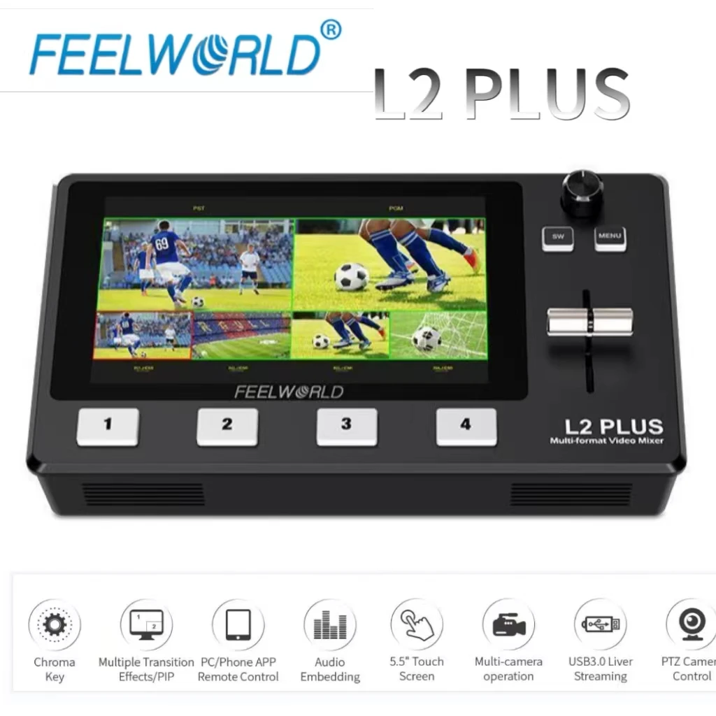 FEELWORLD L2 플러스 멀티 카메라 비디오 믹서 스위처, 5.5 인치 터치 스크린, PTZ 제어 크로마 키, 라이브 스트리밍용 USB3.0