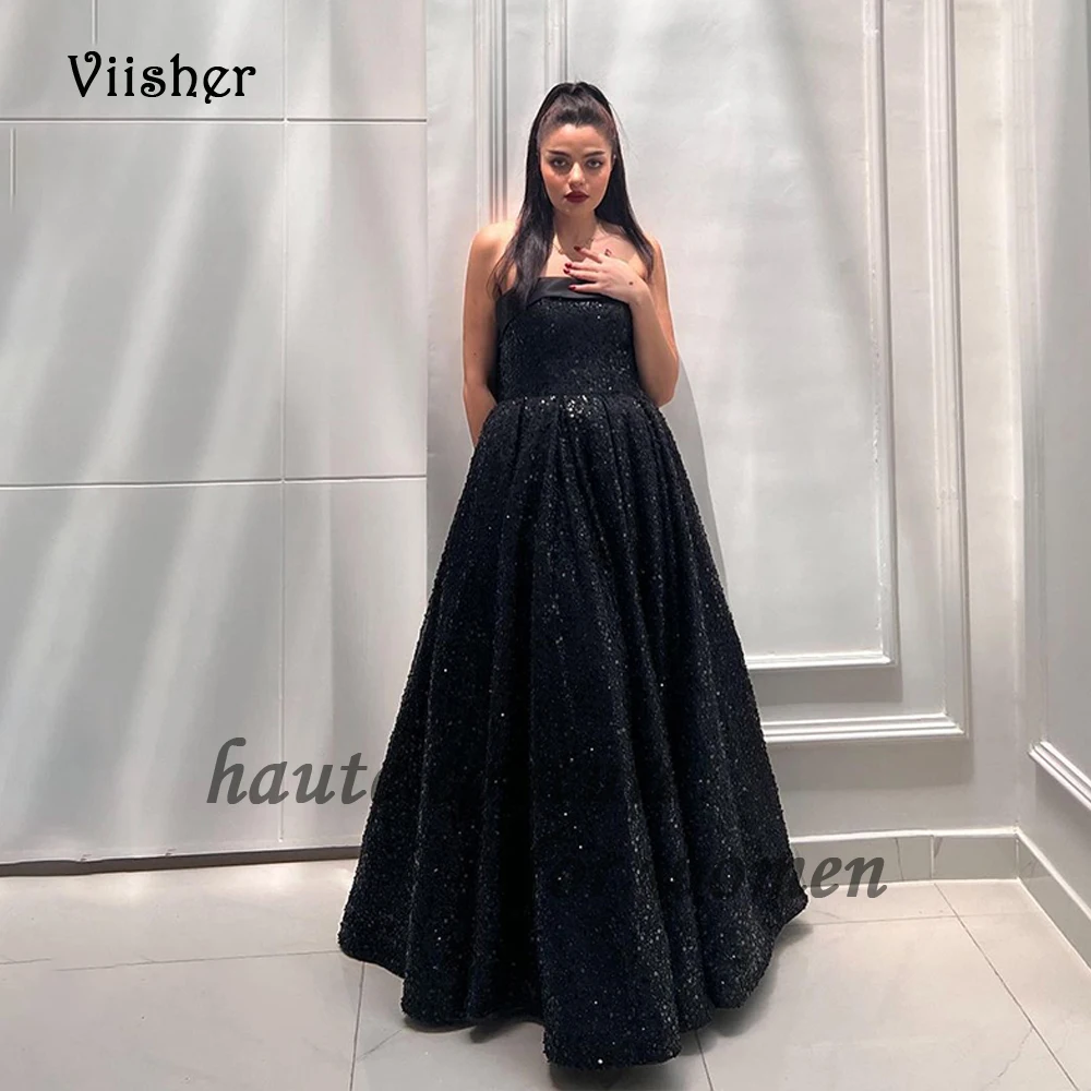 

Sparkly Black A Line Evening Dresses with Pockets Strapless Arabian Dubai Formal Prom Dress Floor Length Evening Party Gowns