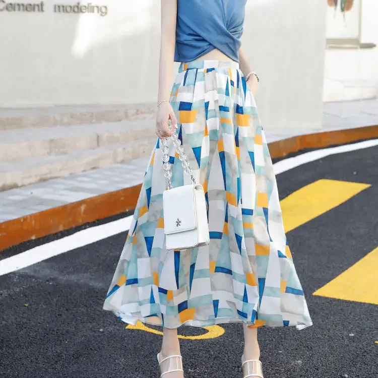 

New Women's Fashion Contrasting Color Print Casual Slim Fit Pleated Skirt Retro High Waisted Women's Mid Length Skirt P753