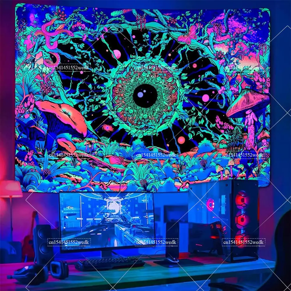 Blacklight Mushroom Tapestry UV Reactive Hippie Eye Butterfly Snake Neon Tapestrys Floral Plants Black Light Wall Tapestry