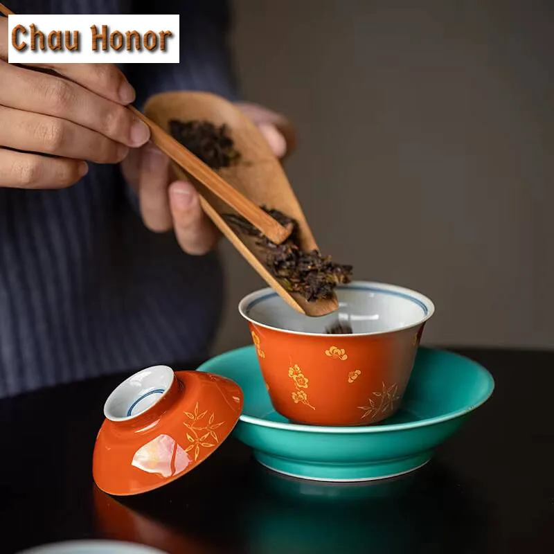 110ml Antique Alum Red Bronzing Plum Bamboo Pine Covered Bowl Tea Cup Household Ceramic Gaiwan Kung Fu tea set Tea Ceremony Gift