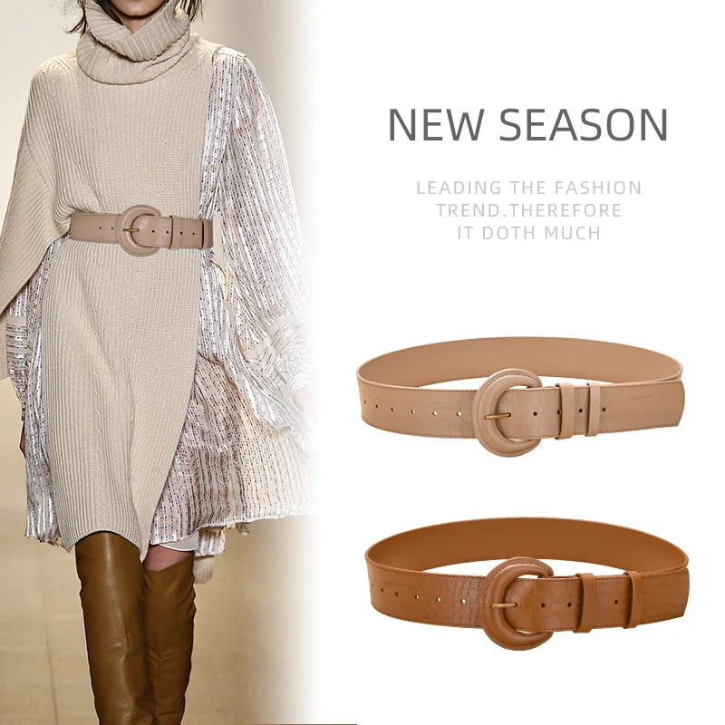 

2022 Women Round Buckle Belt Khaki New Waist Seal Slim Fit Fashion Wide With Jeans Large Windbreaker Korean Versatile Leather