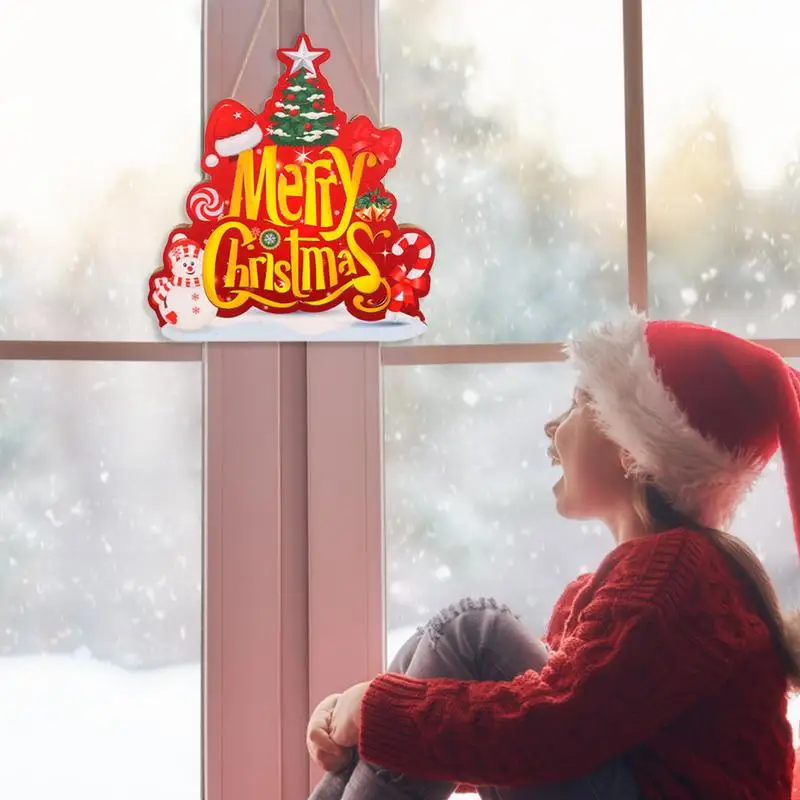 

Merry Christmas Sign 2024 Xmas Wall Hanging Tree Ornaments Wooden Door LED Letters For Holidays Outdoor Indoor Home Decor