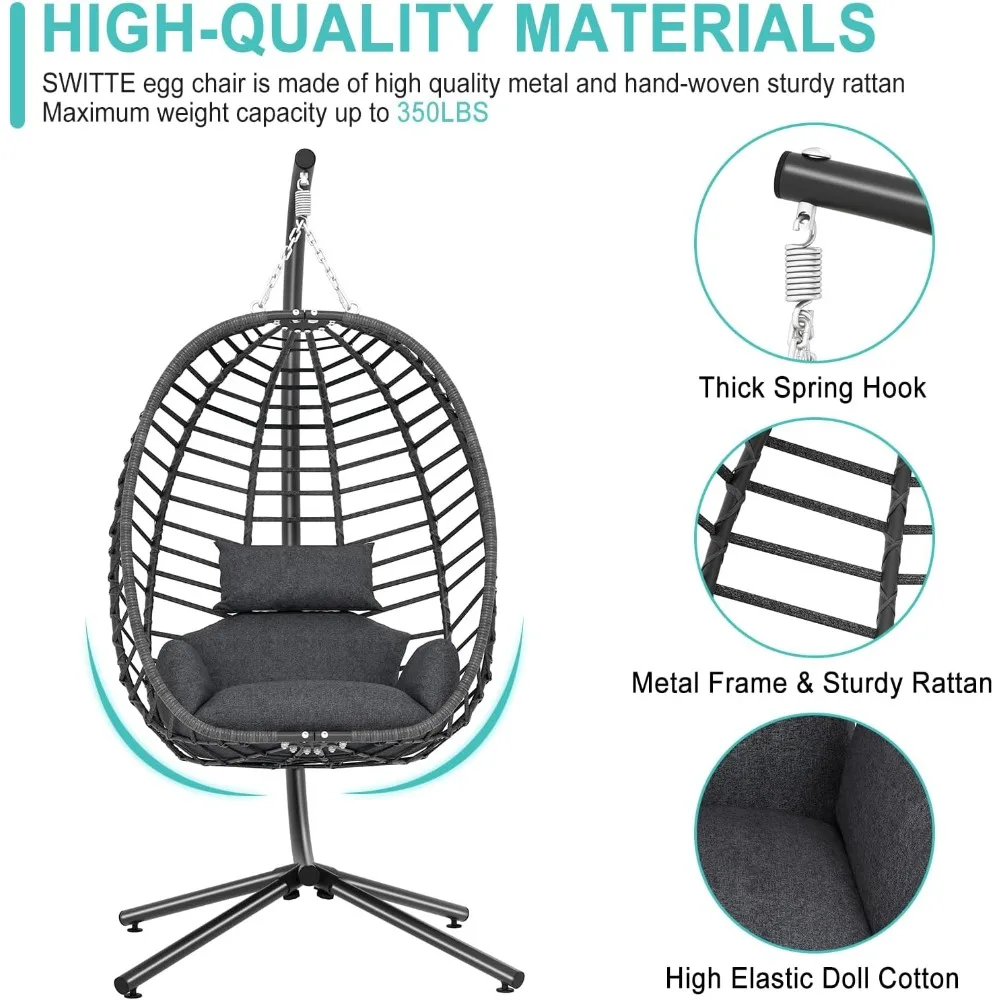 Egg Swing Chair with Stand, Outdoor Hanging Egg Chair with Stand, Indoor Eggs Chair with Cushion, Patio Wicker Swing Eggs 5