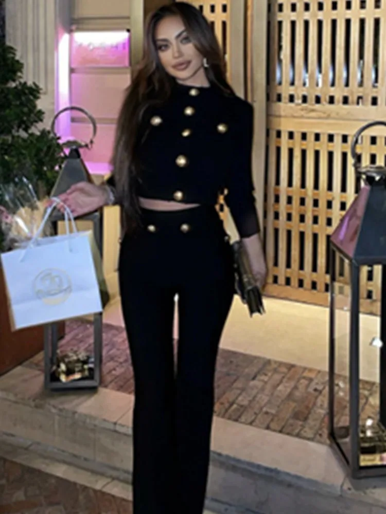 New Autumn Style Black Color Women Long Sleeve Button Rayon Bandage Coat Pants Fashion Women's Set High Street Celebrate Wear 5