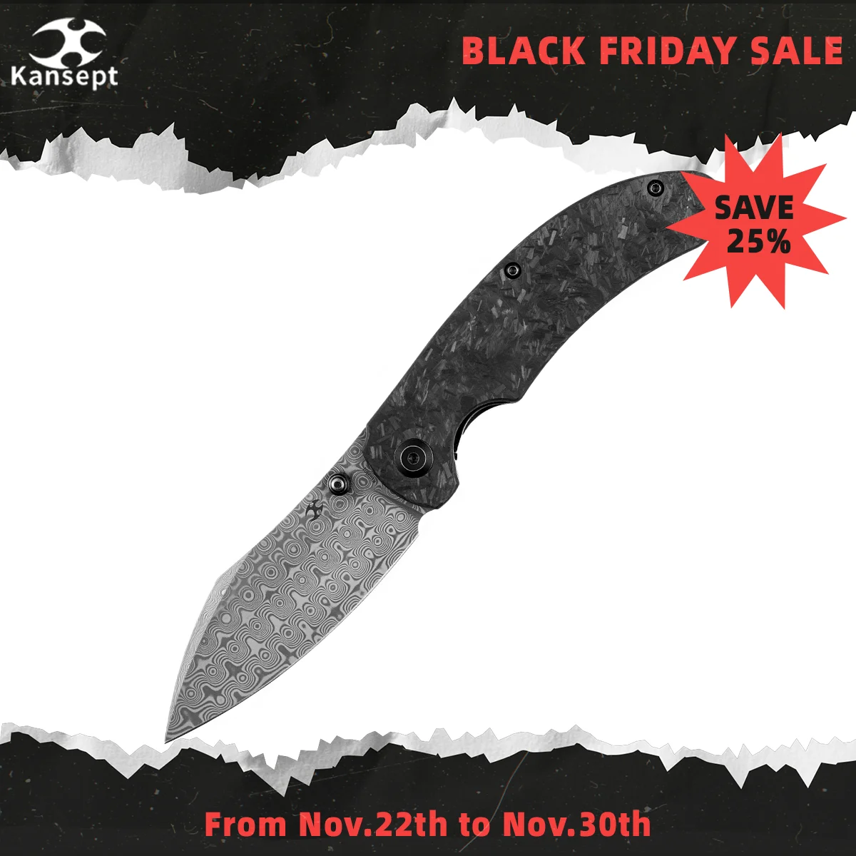 Coltelli Pieghevoli Kansept Nesstreet K1039D1 Lama Di Damasco Shred Manico In Fibra Di Carbonio Con Karambit Maker Progettato Edc