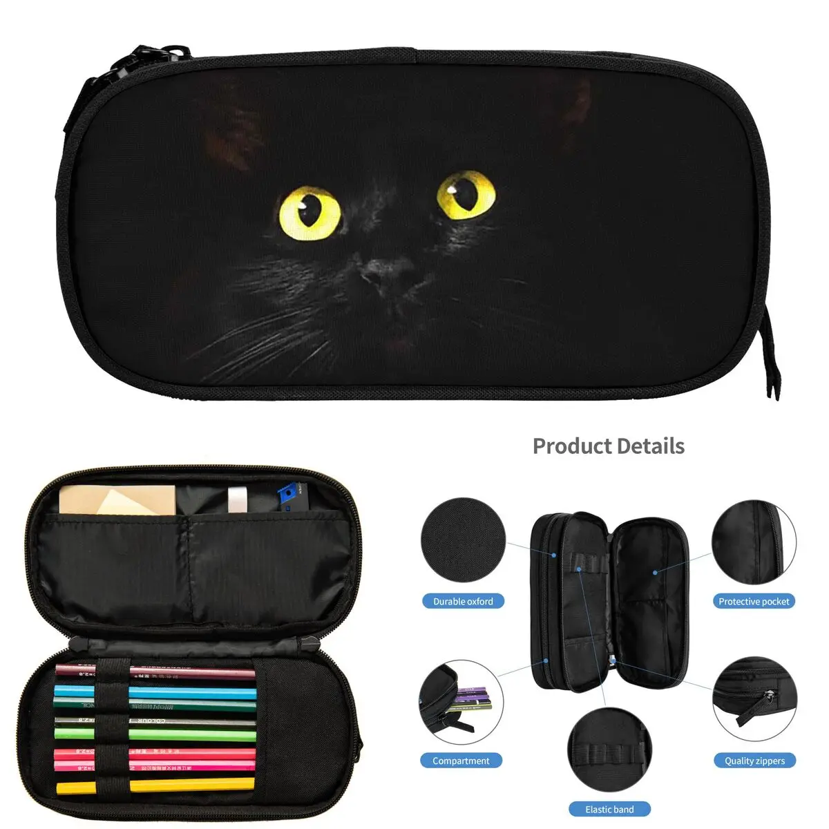검은색 어두운 배경에 검은 고양이 학생용 연필 케이스 학교 펜 상자 연필 가방 대용량 연필 주머니