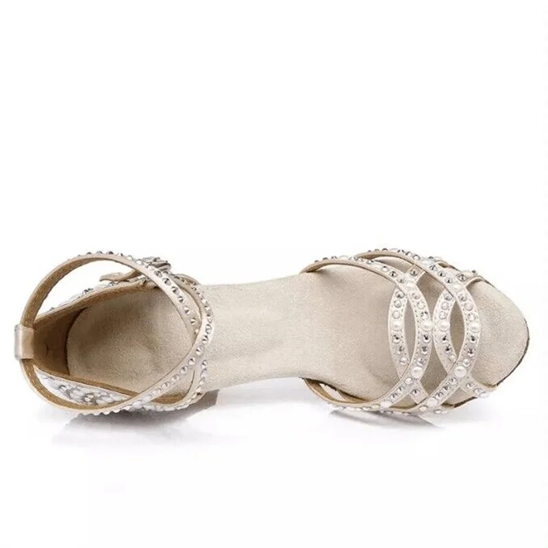 Latin Dance Shoes Women Dance Shoes for Female Adults Hot Pressed Color Diamond and Pearl Sandals Soft Sole 7.5 cm Indoors