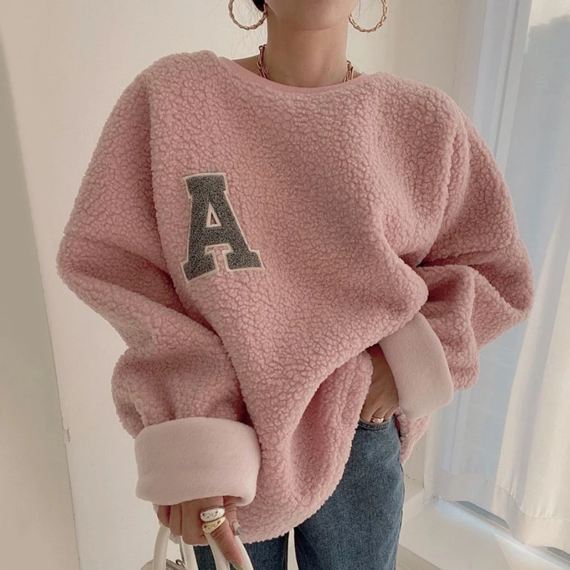 

VANOVICH Korean Style Winter New O-neck Embroidered Letter Pullover Loose Solid Color Long Sleeve Alpaca Wool Casual Sweatshirts