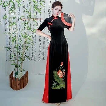 2025 chinese vintage dress improved cheongsam flower embroidery evening dress folk velvet qipao banquet party dress vestido