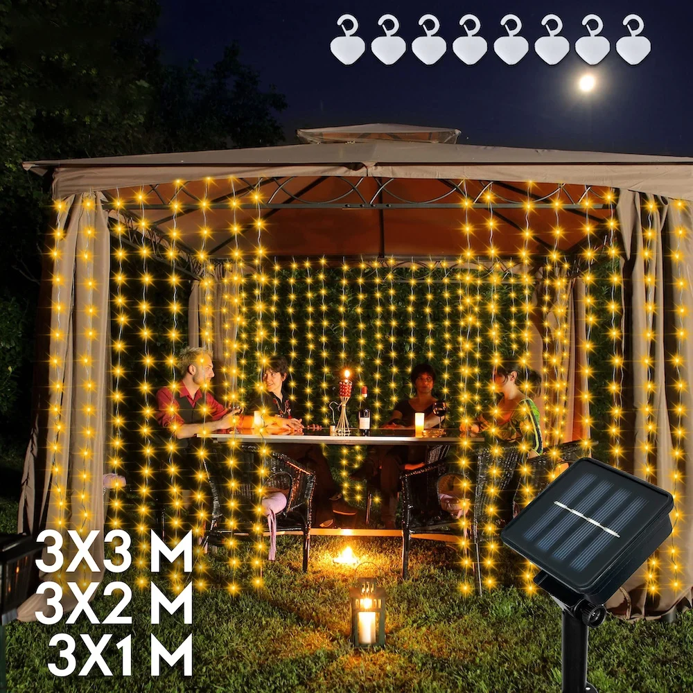 LED Solar Curtain Fairy Lights Outdoor Waterproof Copper Wire Party Garden Yard Waterfall Garland Christmas Decoration