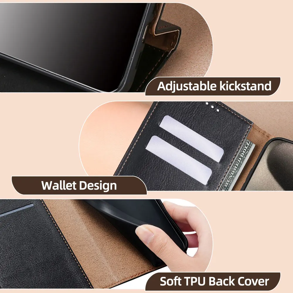 Leather Flip Phone Case Business Wallet Cover with Magnetic Closure, Fits Most Models