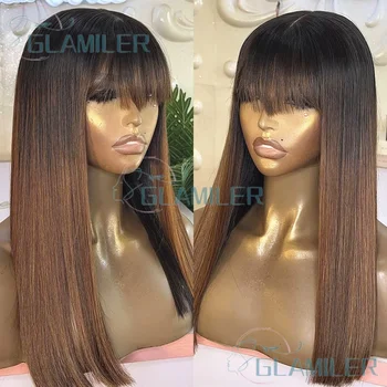 13x6/360 Lace Front Wigs Silky Straight Fringe Human Hair Wigs Ombre Dark Brown Pre Plucked 5x5 Silk Top Closure Wigs With Bangs