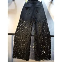 New Summer Denim Patchwork Hook Flower Hollow Lace Straight Leg Wide Leg Pants Casual High Waist Heavy Embroidery Rhinestone - Image 5