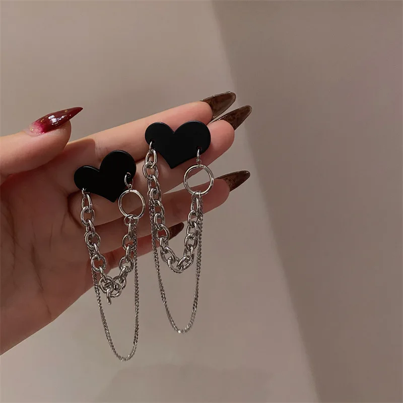 Hip Hop Black Heart Tassel Chain Earrings For Women Korean Brincos Femme Jewelry Streetwear Fashion,crystal tassel earrings,dangle earrings