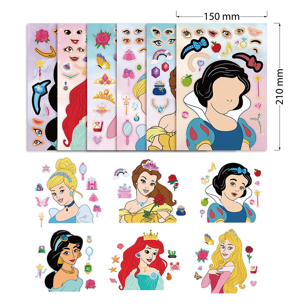 6/12Sheets Disney Make A Face Princess Sticker Kids Cute Funny Assemble Jigsaw Puzzle Make Your Own DIY Sticker Educational Toy