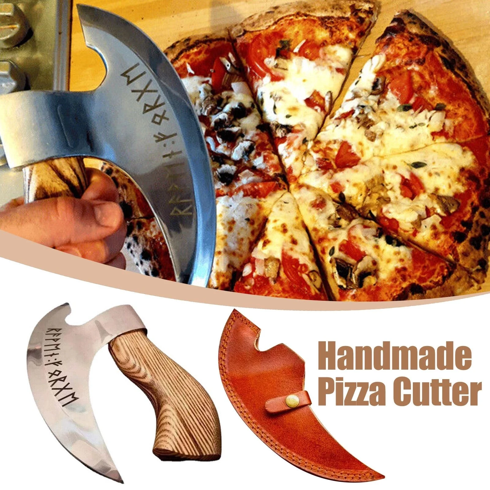 2023 Brand New Solid Creative Wooden Handle Kitchen Tools Small Viking Axe  With Sheath Multi Purpose Stainless Steel Anti Pizza Knife Hot 20%off