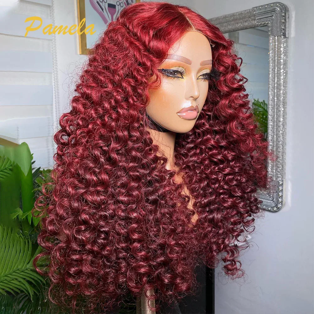 Deep Curly Glueless Wig Human Hair Pre plucked Ready To Wear Burgundy 99J Colored 13x4 Transparent Lace Front Wig For Women