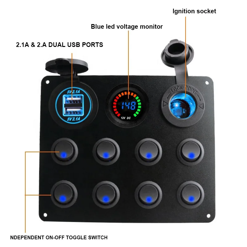 Waterproof DC 12V 24V Panel 8 gang Led Rocker Switch 4.2A USB Charger Rocker Switch Control Panel for Marine Car Boat