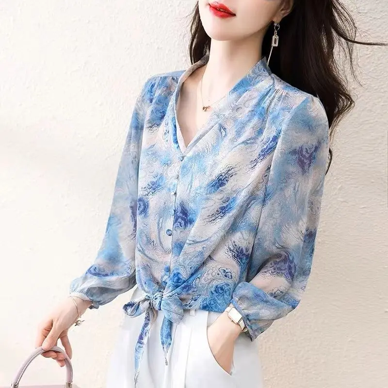 2023 Spring Summer New V-neck Long Sleeve Fashion Floral Printing Button Chiffon Shirt Women Loose Elegant All-match Pullovers