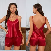 Sexy Backless Deep V Lace Luxury Summer Sleepwear Set Soft Satin Pajamas Set for Women Comfortable Short Sleeve Cami & Shorts - Image 5