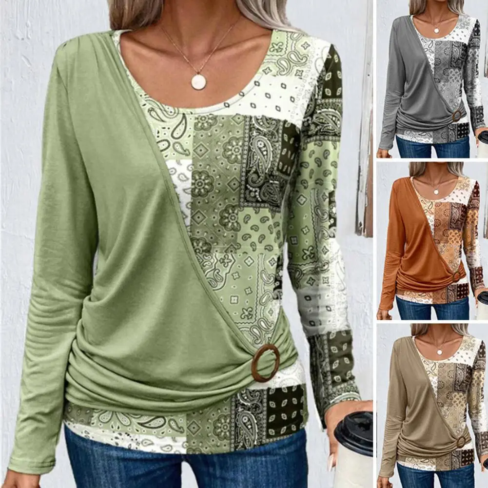 

Long Sleeve Loose Fit Top Vintage Asymmetric Patchwork Pullover Soft Warm Lady's Fall Top with Pleated Round Neck Long Sleeves